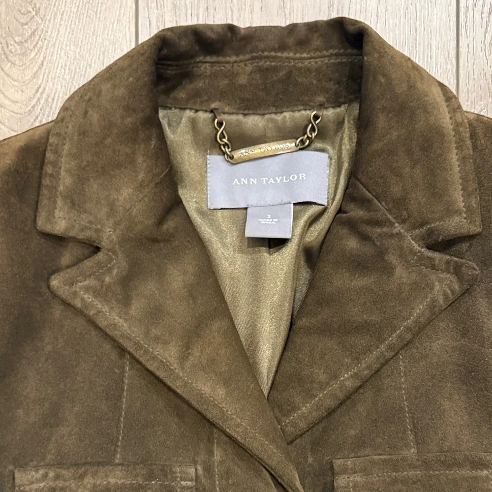 Ann Taylor Olive Green/Brown Suede Belted Blazer Jacket 2 NWOT - Picture 3 of 9
